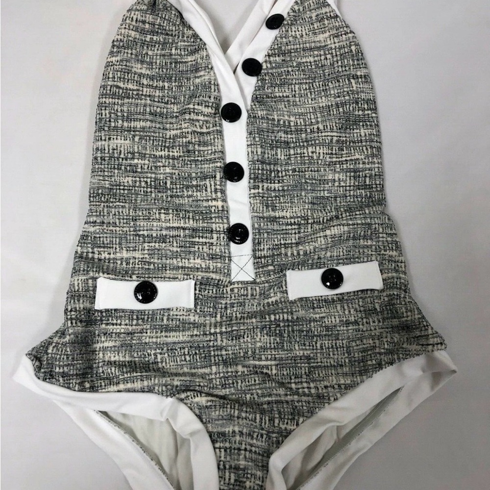 Textured Black & White One-Piece with Button Detail